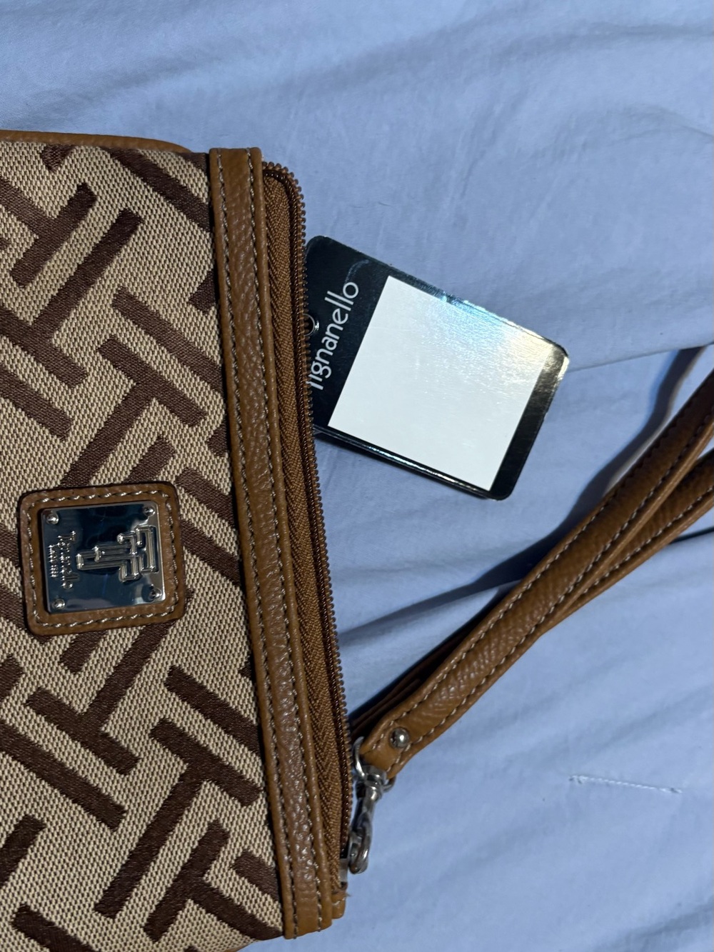 Tignanello Brown Patterned Canvas Wristlet with Tan Trim